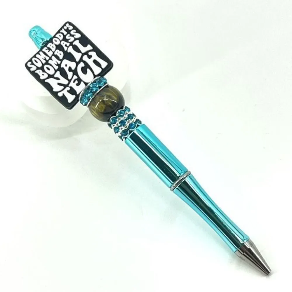 Somebody’s Bomb A** Nail Tech handmade pen NEW beads rhinestone bling black whit
